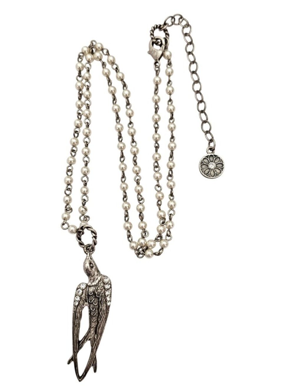 Sweet Romance Faux Pearl Necklace Rhinestone Bird Swift Pendant J646